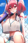  1girl absurdres azur_lane bare_shoulders blue_sky blush bottle breasts bremerton_(azur_lane) bremerton_(scorching-hot_training)_(azur_lane) chain-link_fence cleavage cloud crop_top crop_top_overhang fence hair_ornament headgear heart heart_necklace highres holding holding_bottle large_breasts long_hair midriff mole mole_under_eye multicolored_hair open_mouth pink_eyes pink_hair pleated_skirt sanba_tsui shirt sitting skirt sky sleeveless sleeveless_shirt sportswear streaked_hair tennis_uniform twintails two-tone_shirt two-tone_skirt water_bottle x_hair_ornament 