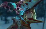  1girl absurdres animal_skull armor bird_skull blonde_hair blurry blurry_background bone closed_mouth face feathers film_grain hair_between_eyes highres kevin_adi original outdoors pauldrons red_eyes short_hair shoulder_armor skull snow solo tree upper_body 