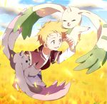 1boy :3 :d bad_id bad_pixiv_id blonde_hair blue_eyes blue_sky blurry blurry_background closed_eyes cloud cloudy_sky creature day digimon digimon_adventure_02 field floating highres long_sleeves looking_at_another looking_to_the_side lopmon maro_(lij512) open_mouth outdoors red_shirt shirt short_over_long_sleeves short_sleeves sky smile t-shirt terriermon wallace_(digimon_adventure) wheat wheat_field white_shirt wind 