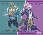  abs anthro canid canine canis capcom clothed clothing dragon fanged_wyvern fansila6 hi_res leviathan_(mh) male male/male mammal mizutsune monster_hunter muscular muscular_anthro muscular_male pecs solo topless topless_male video_games wolf zinogre 