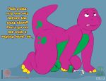  anthro balls barney_and_friends barney_the_dinosaur bodily_fluids cum dinosaur foreskin genital_fluids genitals humor kneeling male masturbation multicolored_body on_ground overweight overweight_anthro overweight_male penile penile_masturbation penis reptile scalie shadowpelt simple_background solo spots teeth text thick_thighs 