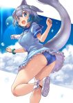  1girl ascot ass bare_arms bare_legs blowhole blue_eyes blue_hair blue_panties blue_sky collared_dress common_dolphin_(kemono_friends) dolphin_tail dorsal_fin dress eyebrows_visible_through_hair frilled_dress frills grey_hair hair_between_eyes hands_up head_fins highres kemono_friends looking_at_viewer medium_hair multicolored_hair open_mouth panties sailor_collar shoe_soles shoes short_dress short_sleeves sky smile solo sunlight tadano_magu tail tail_through_clothes twisted_torso two-tone_hair underwear 