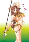  /\/\/\ 1990s_(style) 1997 1girl animal_print antenna_hair arm_up armlet blue_eyes blush_stickers braid breasts brown_hair dated earrings fang gradient gradient_background holding holding_spear holding_weapon jewelry kaze_akio large_breasts long_hair looking_at_viewer low-tied_long_hair navel necklace nipples open_mouth page_number polearm shiny shiny_skin solo spear stud_earrings thigh_strap tiger_print tiger_stripes weapon 