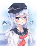  1girl absurdres anchor_symbol artist_name bird black_sailor_collar blue_eyes blush eyebrows_visible_through_hair failure_penguin flat_cap hat hibiki_(kantai_collection) highres hirahirai index_finger_raised kantai_collection long_hair long_sleeves looking_at_viewer neckerchief penguin red_neckwear sailor_collar school_uniform serafuku silver_hair solo uniform upper_body 