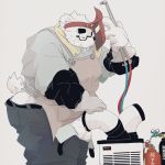  1:1 2020 anthro apron balls belly blush bottomwear clothing dumdum eyewear genitals glasses hi_res kemono male mammal overweight overweight_anthro overweight_male pants penis simple_background solo ursid 