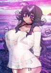  1girl :o absurdres ahoge beach bikini blush breasts eyebrows eyebrows_visible_through_hair highres large_breasts lewdweather long_hair nyarla_(osiimi) ocean original osiimi purple_bikini purple_eyes purple_hair see-through swimsuit thick_thighs thighs vaporwave 