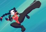  2020 anthro black_body black_fur braided_hair clothing female fist flying_kick fur giant_panda hair kick mammal motion_blur open_mouth red_eyes solo suspended_in_midair unousaya ursid 