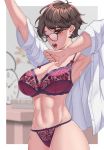 1girl :o abs antenna_hair armpits arms_up bangs blush bow bow_bra bow_panties bra breasts brown_eyes brown_hair cleavage clock dress_shirt floral_print glasses himeliofon lace lace-trimmed_bra lace_bra lace_panties large_breasts long_sleeves looking_at_viewer lower_teeth mole mole_under_eye muscle muscular_female navel one_eye_closed open_clothes open_mouth open_shirt original panties plant purple_bra purple_panties shirt short_hair skindentation solo stretch table underwear upper_teeth white_shirt yawning 