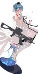  1girl assault_rifle bangs blue_hair character_name crown cup dress drinking_glass girls_frontline gloves gun hair_between_eyes hairband highres hourglass mini_crown purple_eyes rifle short_hair simple_background sitting solo soukou_makura sparkle weapon white_background white_dress white_gloves white_legwear wine_glass zas_m21_(girls_frontline) 