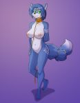  2020 anthro big_breasts blue_body blue_fur breasts canid canine collar conditional_dnp female fox fur genitals green_eyes kadath krystal looking_at_viewer mammal navel nintendo nipples nude pussy solo star_fox video_games 