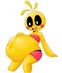  2019 animatronic belly big_belly black_sclera blush blush_stickers clothing duo female five_nights_at_freddy&#039;s five_nights_at_freddy&#039;s_2 hand_on_stomach hi_res machine nightmarebros overweight pink_clothing robot simple_background toy_chica_(fnaf) velkno video_games vore white_background yellow_body 