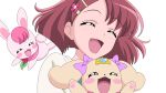  1girl :d bangs bow brown_hair closed_eyes dearigazu2001 eyebrows_visible_through_hair floating_hair flower hair_between_eyes hair_flower hair_ornament hairclip hanadera_nodoka healin&#039;_good_precure highres latte_(precure) open_mouth pink_bow precure rabirin_(precure) red_flower shiny shiny_hair shirt short_hair simple_background smile solo upper_body white_background white_shirt 