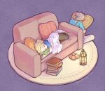  1boy 1girl black_pants blanket blonde_hair blue_shirt blush book_stack candle closed_eyes commentary couch ear_blush face_in_pillow full_body hira_(otemoto84) lantern link lying medium_hair on_side pants pillow pillow_hug pointy_ears polka_dot polka_dot_background princess_zelda purple_background rug shirt short_hair short_ponytail sitting sleeping slippers slippers_removed the_legend_of_zelda the_legend_of_zelda:_breath_of_the_wild the_legend_of_zelda:_breath_of_the_wild_2 twitter_username white_pants 