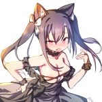  1girl animal_ear_fluff animal_ears areola_slip areolae azur_lane bangs bare_shoulders black_dress blush bow breasts brown_eyes brown_hair cat_ears cleavage dress eyebrows_visible_through_hair hair_between_eyes hair_bow hand_on_hip long_hair looking_at_viewer medium_breasts nanaken_nana nose_blush open_mouth shigure_(azur_lane) shigure_(evening_lucky_star)_(azur_lane) sidelocks simple_background solo strap_slip tears twintails white_background white_bow 