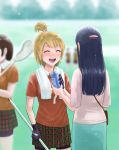  5girls :d bike_shorts black_gloves black_shorts blonde_hair blue_skirt blurry blurry_background blush bottle closed_eyes collared_shirt day futari_wa_precure gloves hair_ornament heart heart_hair_ornament highres holding holding_bottle itou_shin&#039;ichi lacrosse lacrosse_stick miniskirt misumi_nagisa multiple_girls number_print one_side_up open_mouth outdoors pencil_skirt plaid plaid_skirt pleated_skirt precure print_shirt red_shirt shiny shiny_hair shirt short_hair short_shorts short_sleeves shorts shorts_under_skirt skirt smile towel towel_around_neck white_shirt white_towel wing_collar yukishiro_honoka 