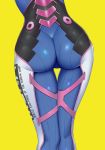  1girl ass ass_focus blue_bodysuit bodysuit close-up clothes_writing d.va_(overwatch) from_behind highres knees_together lower_body overwatch pilot_suit ribbed_bodysuit simple_background skin_tight solo thigh_gap yellow_background zhongyan_(fate-throne) 