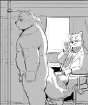  2020 anthro belly bottomwear butt cai1448331577 canid canine canis clothing doctor domestic_dog duo eyewear flaccid genitals glasses inside kemono male mammal monochrome necktie overweight overweight_male pants penis shirt sitting topwear 