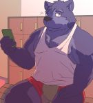  2020 anthro bulge canid canine canis clothed clothing domestic_dog inside kemono male mammal misterdonn nipples phone shirt sitting solo tank_top topwear underwear 