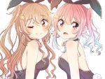  2girls alternate_costume animal_ears bangs bare_shoulders black_ribbon blush bow breasts brown_eyes brown_hair bunny_tail choker commentary_request eyebrows_visible_through_hair hair_bow hair_ornament hair_ribbon hairclip harusame_(kantai_collection) heart heart_choker kantai_collection long_hair looking_at_viewer medium_breasts multiple_girls murasame_(kantai_collection) one_eye_closed open_mouth pink_hair ren_kun ribbon smile tail tearing_up twintails upper_body 