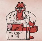  2020 anthro balls clothed clothing doctor domestic_cat english_text erection eyewear felid feline felis garfield_(series) garfield_the_cat garfoffinland genitals glasses hi_res male mammal medical_instrument open_shirt overweight overweight_anthro overweight_male penis scientific_instrument shirt solo text tongue tongue_out topwear 