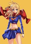  1girl billowing_cape blonde_hair blue_eyes blue_skirt breasts cape clenched_hand dc_comics eyebrows_visible_through_hair floating_hair highres i.takashi logo medium_breasts midriff skirt solo supergirl v-shaped_eyebrows 