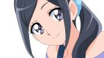  1girl bangs black_hair blue_eyes blue_scrunchie closed_mouth collarbone dearigazu2001 eyebrows_visible_through_hair hair_ornament hair_scrunchie healin&#039;_good_precure highres long_hair looking_at_viewer portrait precure sawaizumi_chiyu scrunchie shiny shiny_hair simple_background smile solo swept_bangs white_background 