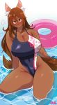  absurd_res anthro big_breasts blush breasts brown_body brown_eyes brown_fur brown_hair cleavage clothed clothing female fur hair hi_res inner_tube kemono kneeling lightsource long_hair looking_at_viewer mammal one-piece_swimsuit solo swimwear water 