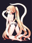  1girl :t animal ass bangs bare_arms bare_legs bare_shoulders barefoot bikini black_background black_bikini blonde_hair blue_eyes blush breasts character_request closed_mouth fengli_(709622571) floral_print from_behind full_body hair_between_eyes highres kneeling long_hair looking_away medium_breasts ponytail pout print_bikini profile side-tie_bikini simple_background snake soles solo swimsuit v-shaped_eyebrows very_long_hair warship_girls_r white_snake 