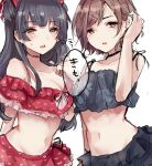  2girls asagimu_(tsuktsuk) bangs bare_shoulders bikini black_bikini black_choker black_collar black_hair blush breasts brown_eyes brown_hair choker cleavage collar earrings glaring higuchi_madoka idolmaster idolmaster_shiny_colors jewelry long_hair looking_at_viewer mayuzumi_fuyuko medium_breasts multiple_girls navel open_mouth purple_eyes red_bikini short_hair simple_background sketch spiked_collar spikes sweatdrop swimsuit translated two_side_up upper_body white_background 