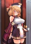  1girl :d aiguillette arm_garter azur_lane bangs bare_shoulders blonde_hair blush breasts brown_dress brown_gloves brown_headwear brown_legwear cape collared_dress commentary_request covered_nipples cowboy_shot door doorknob dress eyebrows_visible_through_hair framed_breasts gloves hair_between_eyes hair_bun hair_ribbon halterneck hat hey_taishou highres iron_cross knocking leipzig_(azur_lane) looking_at_viewer open_mouth pink_eyes red_cape red_ribbon ribbon short_hair sidelocks smile solo sound_effects standing taut_clothes thighhighs zettai_ryouiki 