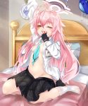  1girl absurdres ahoge arm_up bed blue_archive blush breasts commentary_request fang fingerless_gloves gloves hair_between_eyes highres hoshino_(blue_archive) long_hair navel necktie nekodama2000 pink_hair school_uniform small_breasts socks solo waking_up 