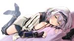 1girl breasts cleavage eyebrows_visible_through_hair green_eyes highres hololive large_breasts looking_at_viewer lying on_stomach shirogane_noel short_hair solo umakuchi_shouyu white_hair 