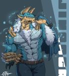  abs anthro body_hair bottomwear canid canine canis capcom chest_hair clothed clothing fanged_wyvern fansila6 hi_res holding_shirt horn lightning male mammal monster_hunter muscular muscular_anthro muscular_male pants pecs solo topless video_games wolf zinogre 