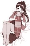  1girl dated ebifly eyebrows_visible_through_hair flight_deck hakama houshou_(kantai_collection) japanese_clothes kantai_collection long_hair long_sleeves looking_at_viewer lying monochrome on_back pantyhose ponytail red_theme signature solo 