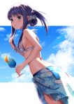  1girl blue_eyes blue_hair blue_sky blush braid cloud drink folded_hair hair_up holding holding_drink looking_at_viewer magia_record:_mahou_shoujo_madoka_magica_gaiden mahou_shoujo_madoka_magica nanami_yachiyo omochimochi sky solo swimsuit 