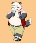  2020 absurd_res anthro belly black_body black_fur bottomwear clothing food fur giant_panda hi_res hoodie kazanari kemono male mammal moobs nipples open_hoodie overweight overweight_anthro overweight_male pants popsicle simple_background solo topwear ursid white_body white_fur 