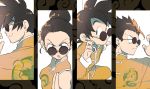  1girl 3boys black_eyes black_hair brothers chi-chi_(dragon_ball) china_dress chinese_clothes commentary dragon_ball dragon_ball_z dragon_print dress family father_and_son fighting_stance frown grin hair_bun hair_pulled_back high_collar highres husband_and_wife jacket long_sleeves looking_over_eyewear matching_outfit mother_and_son multiple_boys open_mouth orange_jacket orange_pants print_dress print_shirt shirt short_hair siblings sleeveless sleeveless_dress smile son_gohan son_gokuu son_goten spiked_hair sunglasses tangzhuang v-shaped_eyebrows yukke_(cocorikokke) 