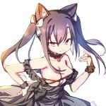  1girl animal_ear_fluff animal_ears areola_slip areolae azur_lane bangs bare_shoulders black_dress bow breasts brown_eyes brown_hair cat_ears cleavage closed_mouth dress eyebrows_visible_through_hair hair_between_eyes hair_bow hand_on_hip long_hair looking_at_viewer medium_breasts nanaken_nana shigure_(azur_lane) shigure_(evening_lucky_star)_(azur_lane) sidelocks simple_background smile solo strap_slip twintails white_background white_bow 