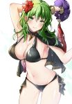  1girl arm_behind_head arm_up armpits bangs bare_shoulders bikini black_bikini blush breasts byleth_(fire_emblem) byleth_(fire_emblem)_(female) capelet cleavage collarbone fire_emblem fire_emblem:_three_houses flower green_eyes green_hair hair_flower hair_ornament highres large_breasts looking_at_viewer medium_hair navel nekolook purple_hair simple_background smile swimsuit thighs wet 