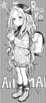  1girl ankle_boots argyle_jacket backpack bag boots bosako_(haguhagu) character_name cross-laced_footwear curly_hair full_body greyscale haguhagu_(rinjuu_circus) hat holding horns jacket long_hair long_sleeves looking_at_viewer messy_hair monochrome sipping solo standing very_long_hair wcdonalds 