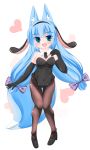  1girl :d animal_ear_fluff animal_ears bangs bare_shoulders black_footwear black_gloves black_hairband black_leotard black_neckwear blue_eyes blue_hair blush bow breasts brown_legwear bunny_ears bunnysuit collar commentary_request covered_navel detached_collar elbow_gloves eyebrows_visible_through_hair fake_animal_ears floppy_ears fox_ears fox_girl fox_tail full_body gloves hair_bow hairband hand_up heart high_heels highres kanijiru leotard long_hair looking_at_viewer low_twintails medium_breasts open_mouth original pantyhose purple_bow shoes smile solo standing strapless strapless_leotard tail twintails very_long_hair white_background white_collar wing_collar 