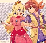  1boy 1girl :d :o bandana belt blonde_hair blue_eyes breasts brown_eyes brown_hair crown dragon_quest dragon_quest_viii dress earrings elbow_gloves gloves hero_(dq8) highres jewelry kiriya_(552260) long_hair mario_(series) open_mouth pink_dress princess_peach simple_background smile super_mario_bros. super_smash_bros. very_long_hair white_gloves 