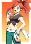  1girl asuna_(pokemon) border collarbone commentary_request eyebrows_visible_through_hair eyelashes gradient gradient_background green_pants hair_tie hand_on_hip hand_up highres holding holding_poke_ball looking_at_viewer navel open_mouth orange_eyes outside_border pants poke_ball poke_ball_(basic) pokemon pokemon_(game) pokemon_oras red_hair shiny shiny_hair shirt sleeveless solo tied_hair tied_shirt tongue white_border yuihiko 