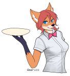  americofoxy anthro blouse bow_tie canid canine clothing female fox gloves_(marking) hair half-length_portrait hi_res holding_object kaare mammal markings plate portrait red_hair simple_background solo uniform waiter white_background 