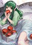  1girl absurdres apple basket bed dress eating flower food fruit green_eyes green_hair hair_ornament highres holding holding_food holding_fruit kuukai_(adexi) long_hair lying original pillow scenery solo 