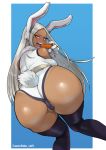 1girl amefuku_ra animal_ears ass back backboob bare_shoulders bent_over boku_no_hero_academia breasts bunny_ears bunny_tail cameltoe carrot dark_skin eating from_behind gloves half-closed_eyes highres large_breasts leotard looking_at_viewer looking_back mirko open_mouth partially_visible_vulva red_eyes smile solo tail teeth thighhighs tongue tongue_out twitter_username white_hair 