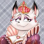  1:1 anthro breasts canid canine cleavage clothed clothing crown cute_fangs ear_piercing ear_ring eyeshadow female fox fur gglitterggal hi_res jewelry looking_aside makeup mammal nakhta necklace piercing portrait queen royalty ruff_(clothing) smile solo sparkles white_body white_fur 