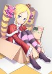  1girl absurdres beatrice_(re:zero) blonde_hair blue_eyes blush box crown drill_hair eyebrows_visible_through_hair hair_ornament hair_ribbon high_heels highres in_box in_container indoors konishi_(565112307) long_hair looking_at_viewer open_mouth pantyhose re:zero_kara_hajimeru_isekai_seikatsu ribbon shiny shiny_hair solo striped striped_legwear twin_drills twintails 