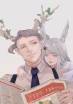  animal_ears arknights bunny_ears bunny_girl deer_antlers father_and_daughter frostnova_(arknights) grey_eyes hair_ornament highres ketanbakar leaf necktie newspaper patriot_(arknights) russian_text smile suspenders white_hair 