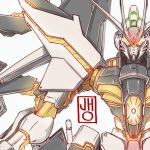  close-up english_commentary glowing glowing_eyes gundam gundam_seed gundam_seed_destiny highres jhocircle looking_at_viewer mecha mechanical_wings no_humans red_eyes signature solo strike_freedom_gundam v-fin wings 